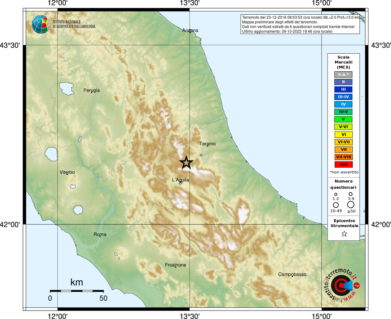 Earthquake 4 km SW Crognaleto (TE), Magnitude ML 2.0, 23 December 2016 time 08:53:53 ...