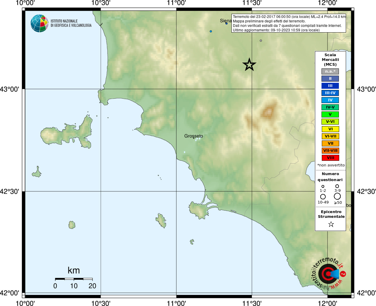 Earthquake 2 km S Buonconvento (SI), Magnitude ML 2.4, 23 February 2017 time 06:00:50 ...