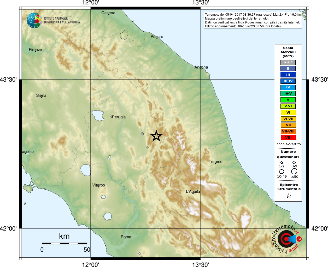 Earthquake 5 km NW Sellano (PG), Magnitude ML 2.4, 5 April 2017 time 08:36:27 ...1252 x 1024