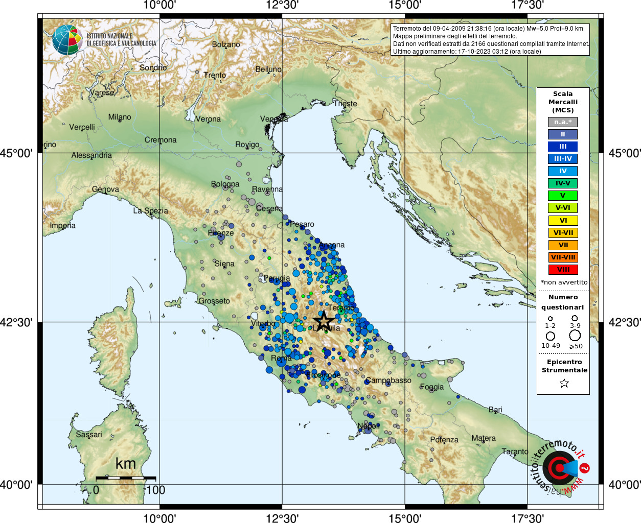 Earthquake 4 km E Capitignano (AQ), Magnitude Mw 5.0, 9 April 2009 time 21:38:16 ...1249 x 1024