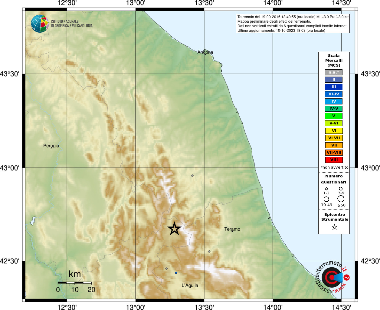 Earthquake 4 km SE Accumoli (RI), Magnitude ML 3.0, 19 September 2016 time 18:49:55 ...