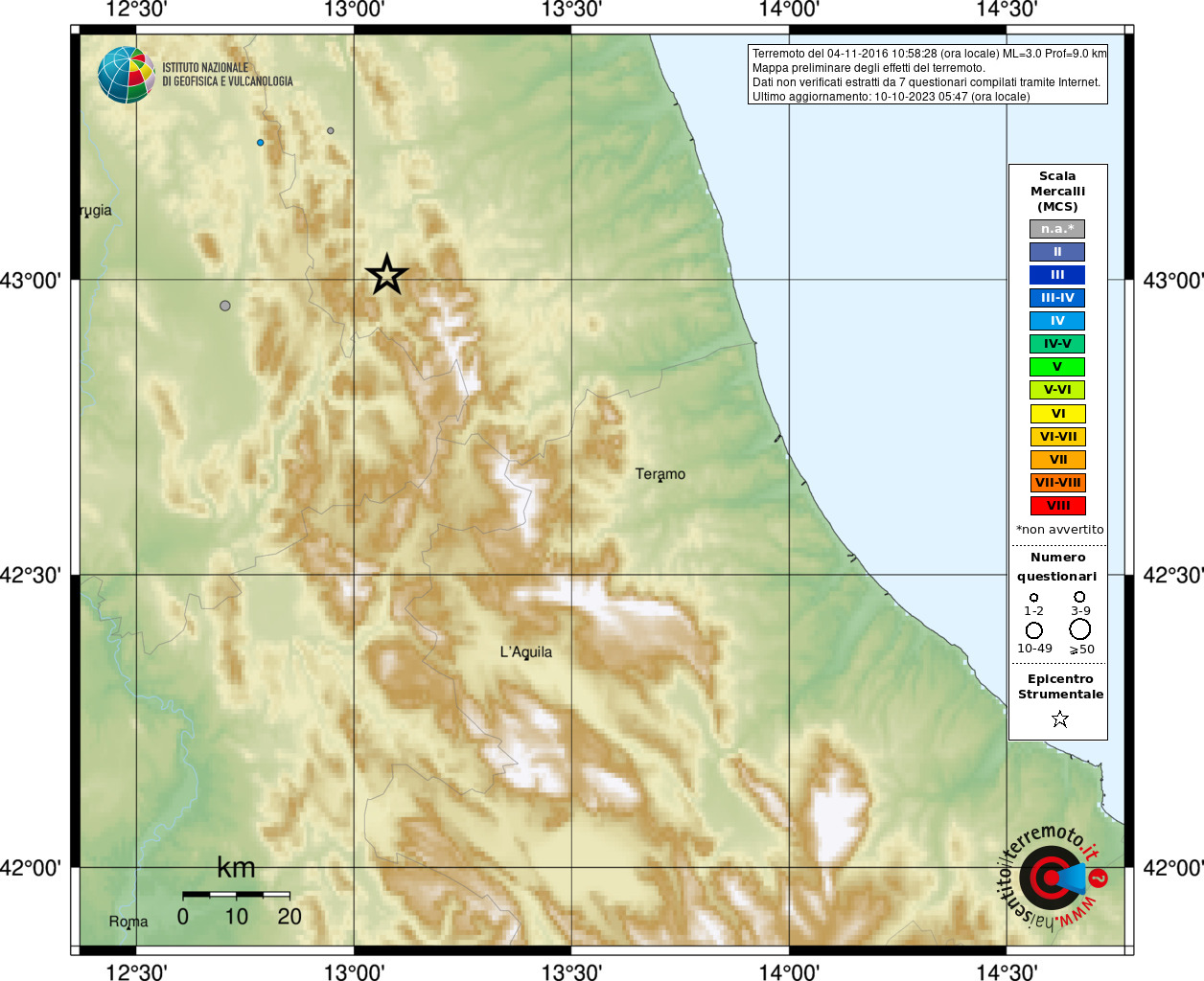 Earthquake 4 km SW Fiordimonte (MC), Magnitude ML 3.0, 4 November 2016 time 10:58:28 ...1253 x 1024